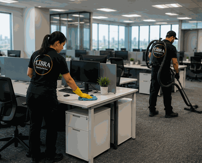 Cleaning crew wiping desks and cleaning an office